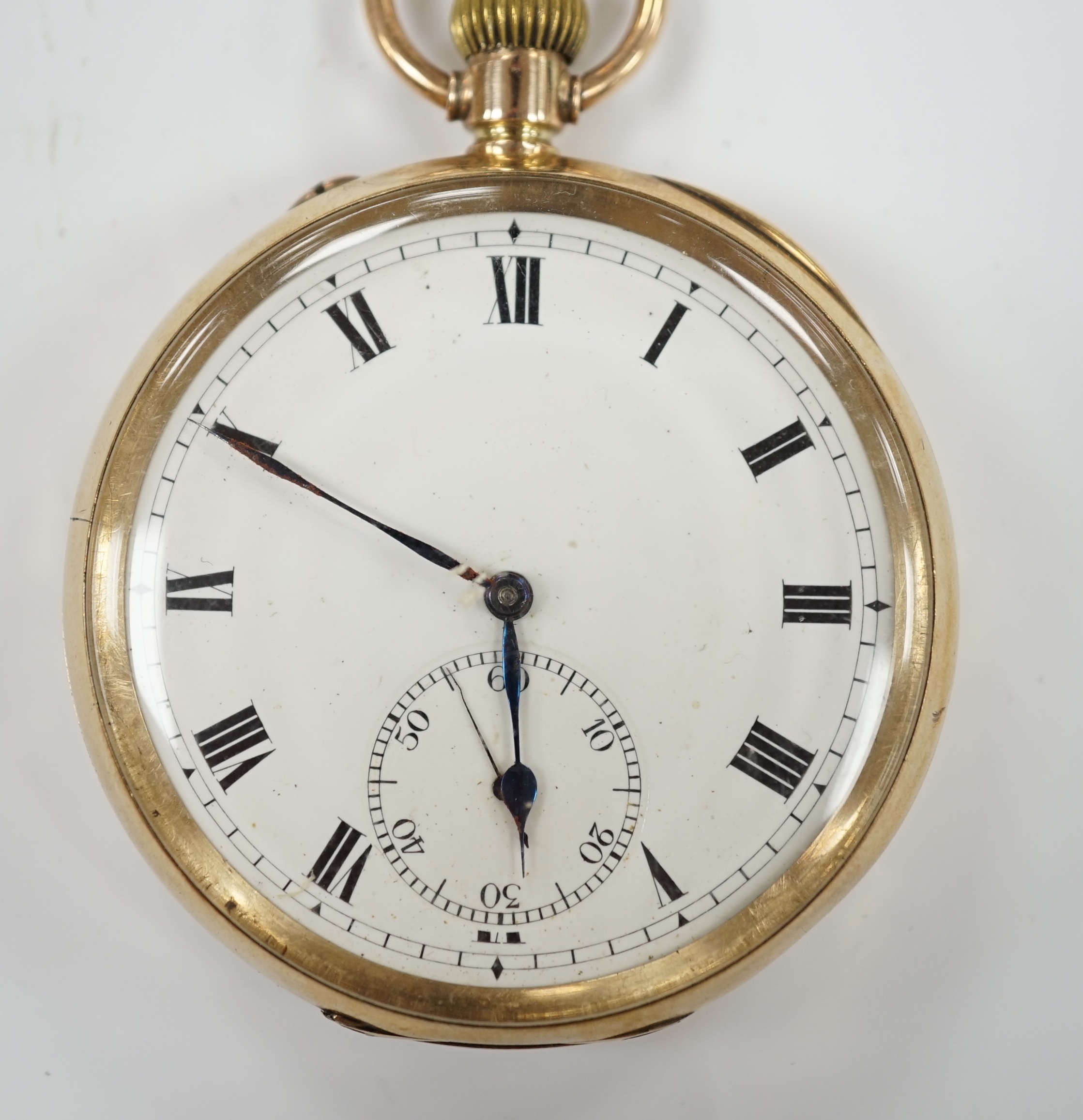 A George V 9ct gold open face keyless pocket watch, with Roman dial and subsidiary seconds, case diameter 50mm, gross weight 83.4 grams.